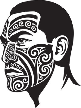 Black and white vector art of an indigenous Māori warrior profile with intricate Tā moko facial tattoos
