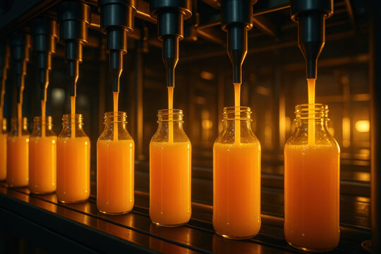 Futuristic juice bottling line in factory. Synchronized production with glowing orange liquid filling bottles. modern and efficient manufacturing process with precision
