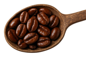 Roasted coffee beans filling wooden spoon, showing rich flavor, aroma, and the invigorating start to morning