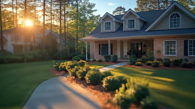 A suburban house with a winding driveway, bathed in warm sunlight