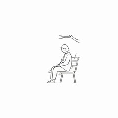 Minimalist line art of man sitting alone on bench, solitude and peace concept, Noritake inspired black and white vector
