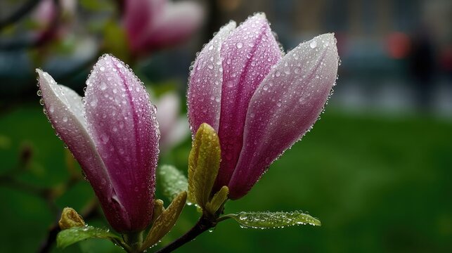 Two unopened purple and white petals are covered with numerous tiny glistening water droplets