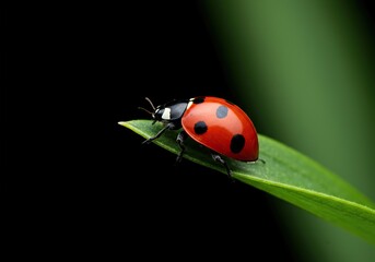 Detailed macro photograph of a small, bright red ladybug beetle with distinctive black spots, crawling slowly across a fresh, vibrant green plant leaf outdoors ,delicate ,tiny ,green