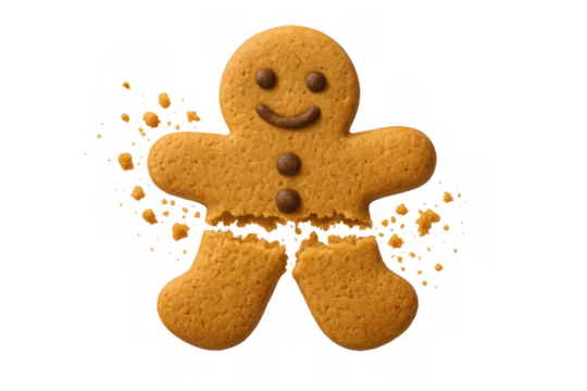 Gingerbread cookie with a smiling face breaking apart, its legs detached and crumbs flying, transparent background
