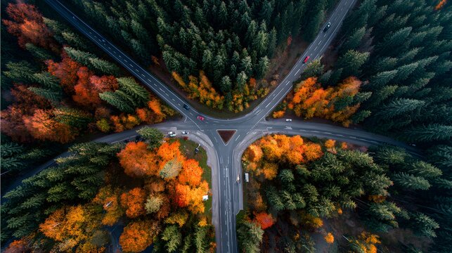 Aerial view captures converging roads cutting through dense autumn forest canopy