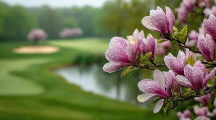 Pink springtime blossoms covered in fresh raindrops overlook a lush green landscape feature