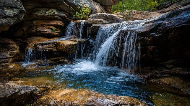 Cascading water flows over layered brown rocks into a clear pool surrounded by natural stone formations.