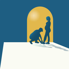 Vector illustration showing silhouette of a man kneeling to tie the shoes of a pregnant woman, symbolizing love, care, and family support