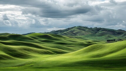 Obraz premium Rolling green hills undulate beneath a dramatic, overcast sky
