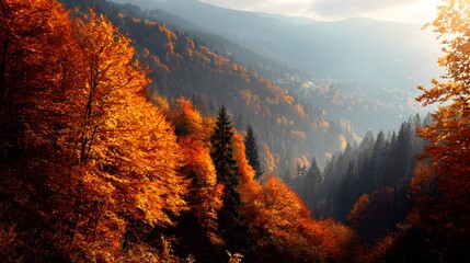 Majestic mountain slopes showcase vibrant autumn foliage bathed in bright sunlight