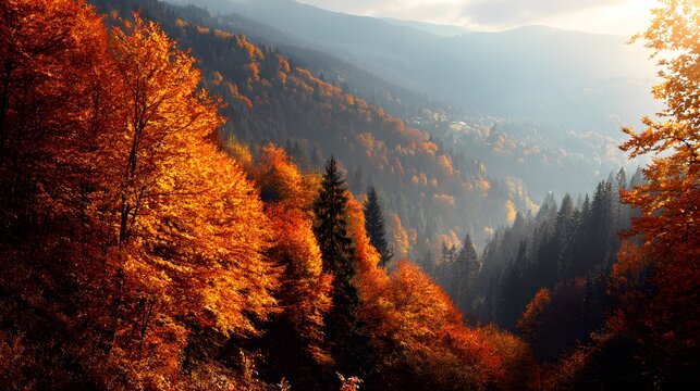 Majestic mountain slopes showcase vibrant autumn foliage bathed in bright sunlight