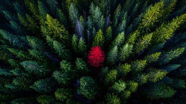 Aerial view captures a solitary bright red tree standing out amidst a dense, dark evergreen forest canopy