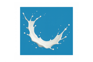 Milk splash creating abstract fluid movement, dynamic liquid drops, nutrient rich dairy food on blue background with transparent elements