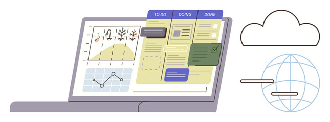 Task board with To Do, Doing, Done columns, graphs, chat boxes on laptop screen, cloud icon, and globe for connectivity. Ideal for productivity, organization analytics data sharing teamwork © robu_s