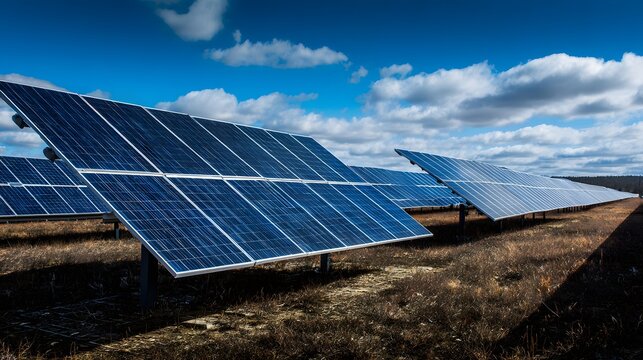 Rows of photovoltaic panels capture sunlight in an open field under a bright sky