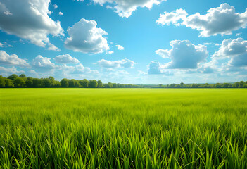 Fototapeta premium A wide open green field stretches under a vast blue sky filled with scattered fluffy white clouds creating a peaceful and calm landscape with a sense of space and freedom