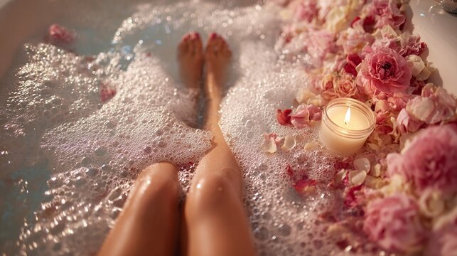 Indulge in a luxurious spa experience with fragrant roses and soothing candlelight for ultimate relaxation and self-care in your serene bathroom oasis