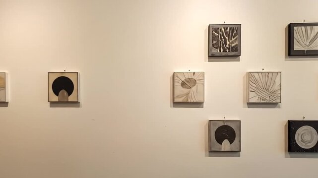 Framed Abstract Art Collection Displayed on a Textured White Wall with Dramatic Spotlighting
