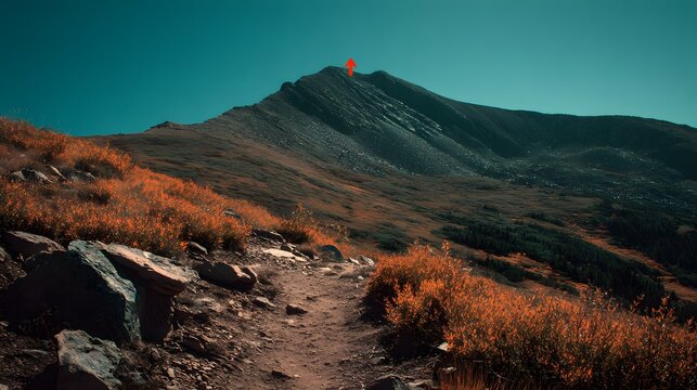 Hiking trail leads toward a rugged mountain summit beneath a clear blue sky