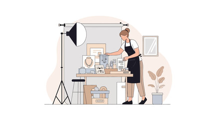Fototapeta premium Woman Setting Up Jewelry Display: Studio Photography with Lighting and Accessories
