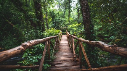Rustic wooden footbridge extends into a dense, verdant forest canopy