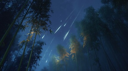 Enchanting bamboo forest under a meteor shower, a stunning celestial display casting ethereal light, perfect for fantasy, dreams, and magical realism designs