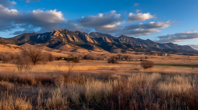 Towering mountain range illuminated by warm sunlight above rolling golden fields under dramatic sky - Powered by Adobe
