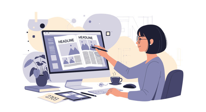 Woman Working on Computer with Newspaper Articles Representing Modern Journalism Processes