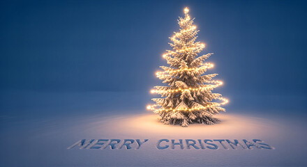 Beautifully illuminated Christmas tree with warm glowing lights and Merry Christmas text in the snow.