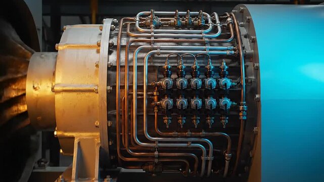 Industrial machinery for energy production and infrastructure development, featuring intricate pipework and efficient technology