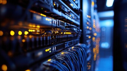Naklejka premium Server rack, data center, rows of network equipment, glowing lights