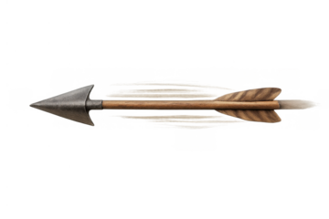 Wooden arrow flying through air with metal arrowhead, motion blur effect showing speed, isolated with transparent background
