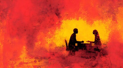 Silhouettes of two individuals engaged in conversation against a highly textured background of intense red and yellow light