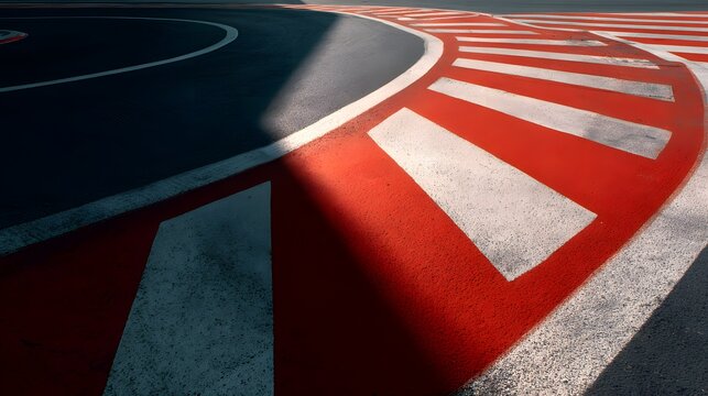 Curved section of asphalt surface displays high contrast red and white painted markings alongside dark shaded pavement