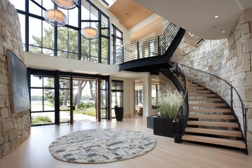 Spacious entryway with a sweeping staircase and large windows.