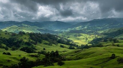 Naklejka premium Rolling verdant hills descend into a lush valley beneath a dramatic, clouded sky
