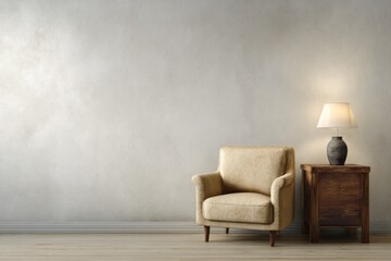 Naklejka premium Cozy armchair and lamp sit beside a wooden table against a textured wall.