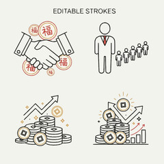 Business and Finance Line Icon Set with Chinese Elements.