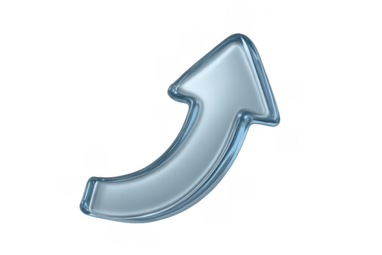 Glass arrow icon pointing up right representing growth, increase, progress, and success, transparent background