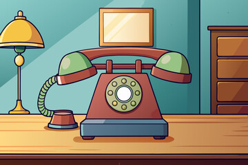 A vintage rotary telephone resting on a wooden desk