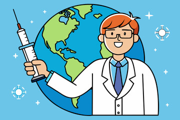 Happy scientist with a syringe holding a globe illustration