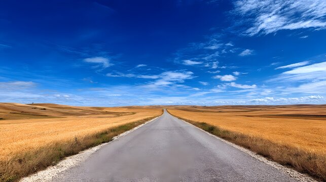 Long stretch of open road disappears into distant golden rolling hills under a brilliant blue sky