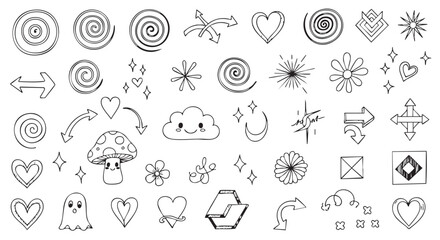 Cute doodle vector set with hearts arrows mushroom and other elements