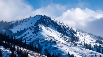 Majestic peak covered with fresh snow rises against a bright blue sky with scattered clouds.