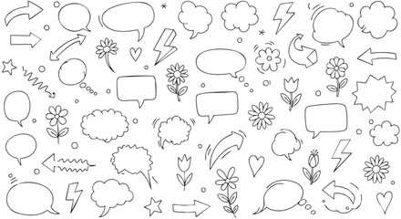 Doodle art seamless pattern with speech bubbles flowers and arrows