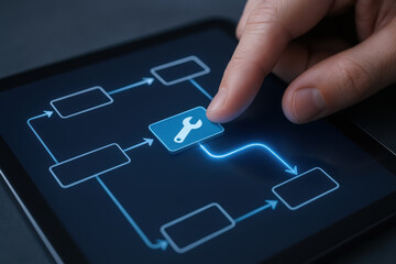 Ai agent workflow automation digital process touchscreen tablet interface with finger selecting wrench icon guiding task flow and efficient system