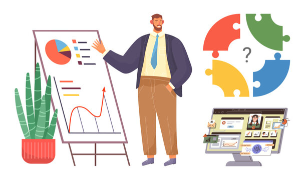 Man explaining charts on a flipboard next to a plant, puzzle diagram for teamwork, computer screen showing digital tasks. Ideal for teamwork, data analysis, business planning, workplace