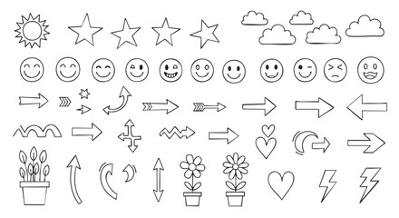 Naklejka premium Doodle icons set vector illustration with sun stars and arrows