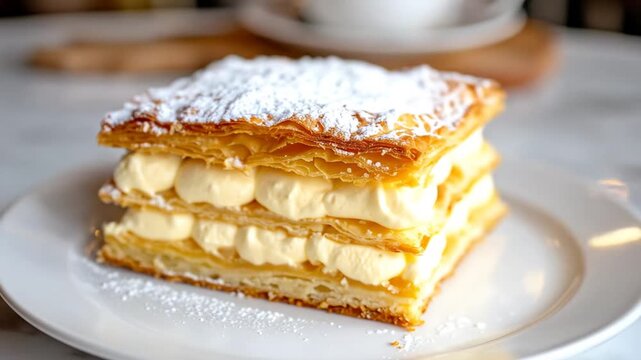 Golden Layered Pastry Filled with Cream and Dusted with Powdered Sugar