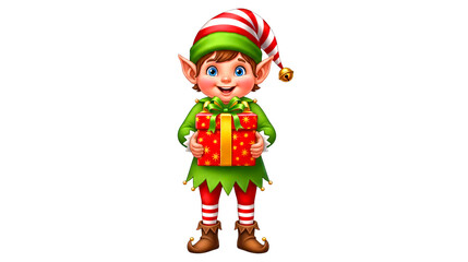 Cute Elfa Holding gift in his hand isolated image on transparent background